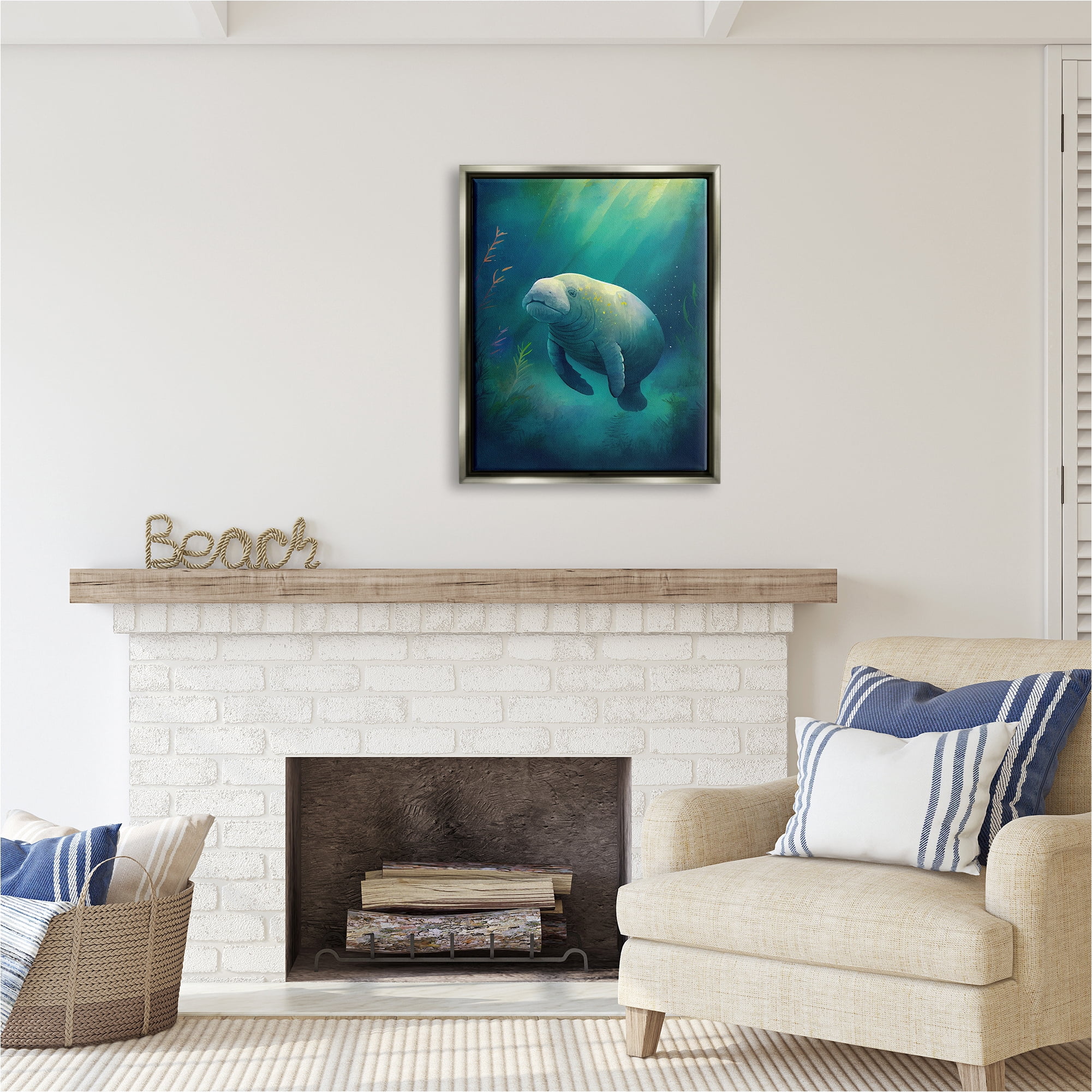 Stupell Industries Manatee Underwater View Animals & Insects Painting Gray Floater Framed Canvas Art Print Wall Art, 25 x 31