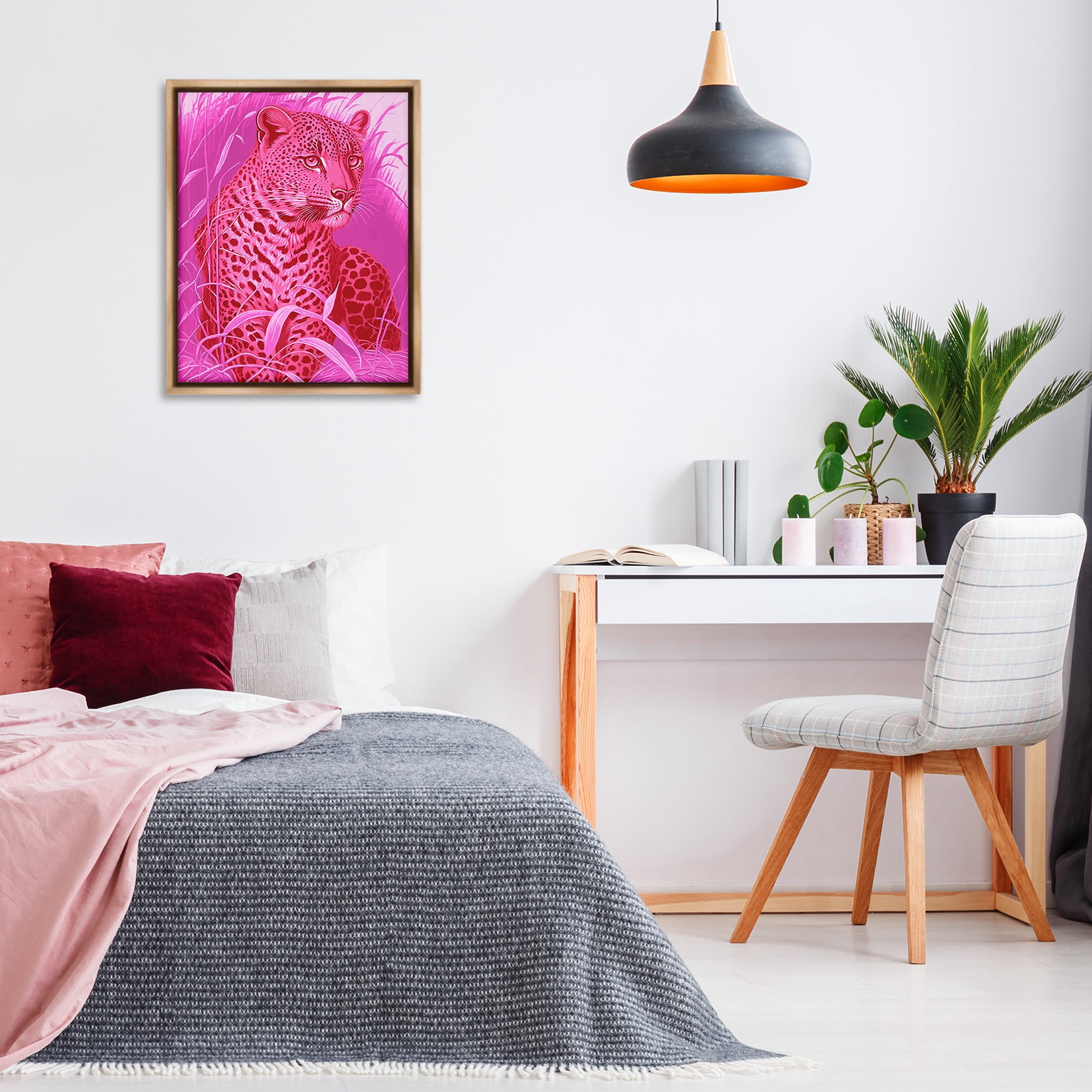 Stupell Industries Cheetah Among Pink Leaves Animals Painting Brown Floater Framed Canvas Art Print Wall Art, 25 x 31