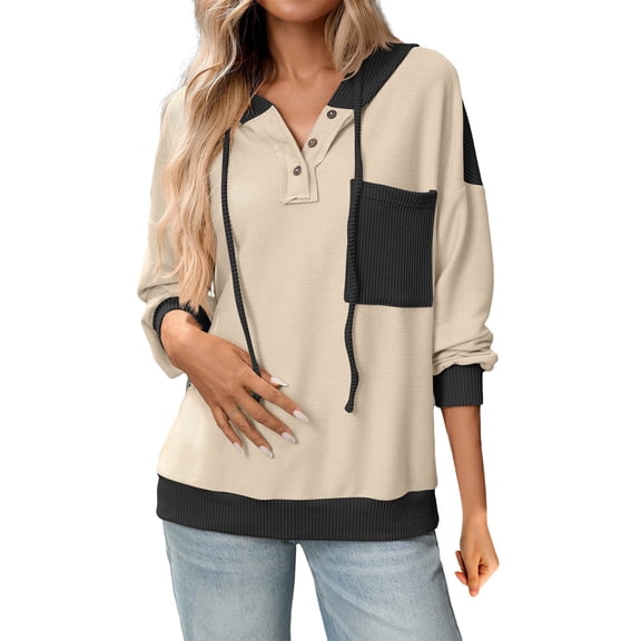 Women's Color Block Twist Stripe Oversized Hoodie, Button Detail Drawstring Hood Long Sleeve Sweatshirt with Pocket, Loose Fit Casual Streetwear for Fall and Daily Comfort Black L