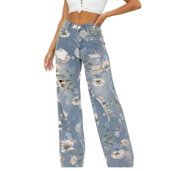 PFRNLF Vintage Floral Jeans for Women High Waisted Casual Wide Leg Hole Denim Pants