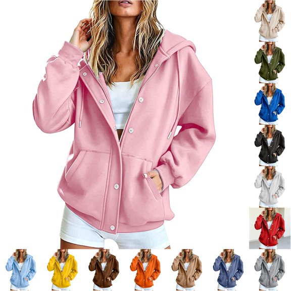 Rggeeun Womens Sweatshirt Hoodie Solid Color Long Sleeve Snap & Zip Up Hooded Adjustable Drawstring Side Pockets Thickened Fall Winter Evening Party Casual Tops,Pink,L