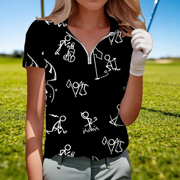 Roncen Women's Polo Shirts Golf T Shirt Casual Zippered Top Short Sleeve Tee