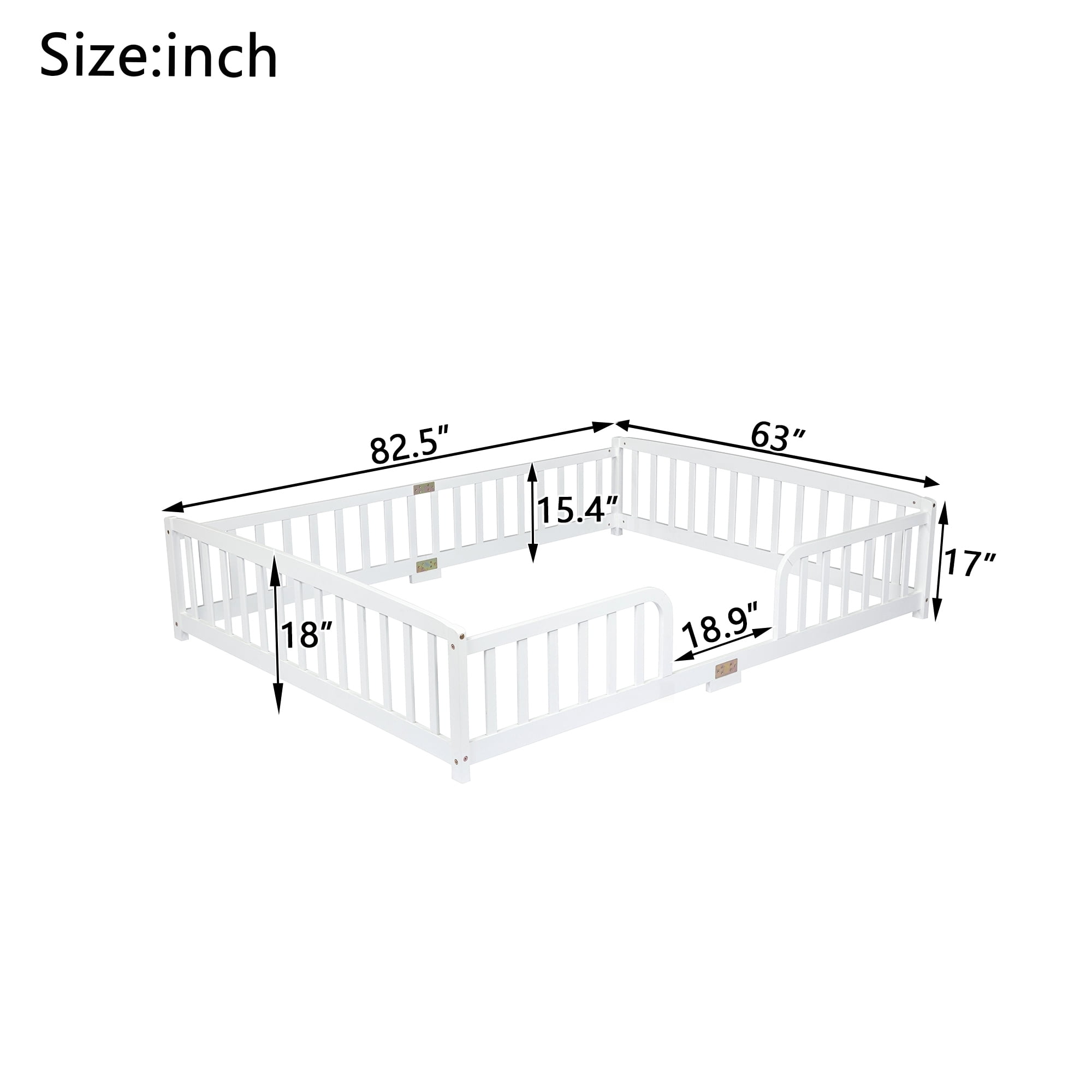 Leumius Queen Size Floor Fence Bed with Central Entrance,Pine Wood Floor bed with Guardrails,White