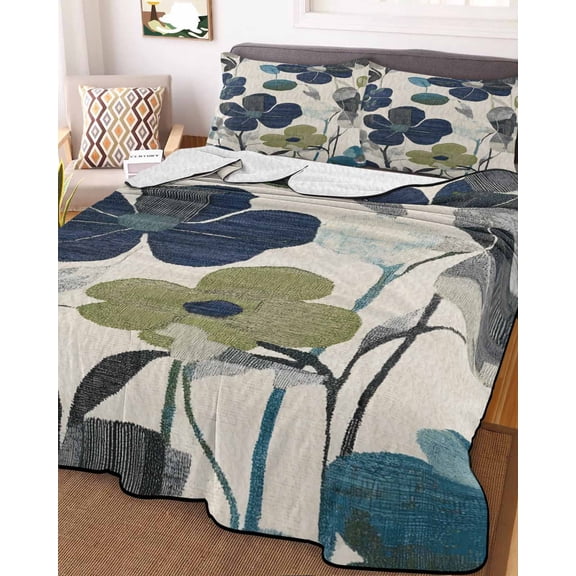 Navy Blue Green Floral Queen Size Down Alternative Comforter, Lightweight Comforter Quilt Bedding Set with Pillow Shams Vintage Botanical Leaves All Seasons Bed Comforter Duvet Insert 90"x96"