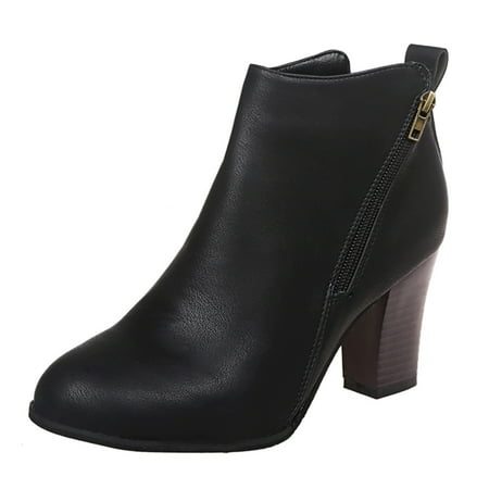 

SEMIMAY Women Round Toe Retro Booties Solid Color Short Heel Shoes Leather Zipper women s boots