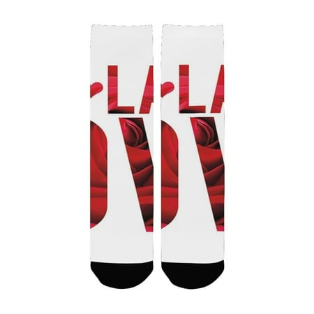 

Live Laugh Love Decor Typographic Montage Words with Macro Rose Petals Texture Print Red White Black Women s Custom Socks (Made In USA)