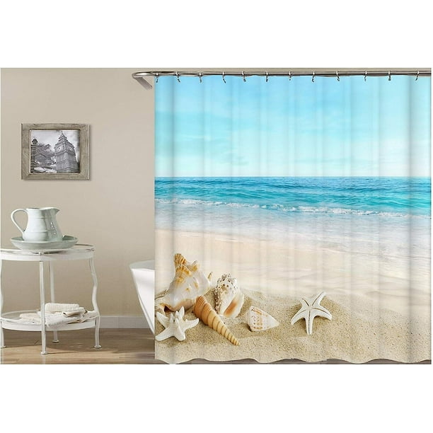 CHAO Cortina De Ducha A Prueba De Moho De Playa, Cortina De Ducha De Tela Impermeable Ola De Mar Playa Estrella De Mar Concha Cortina De Ducha 180 X 200 Cm con 12 Ganchos De Plástico Rin