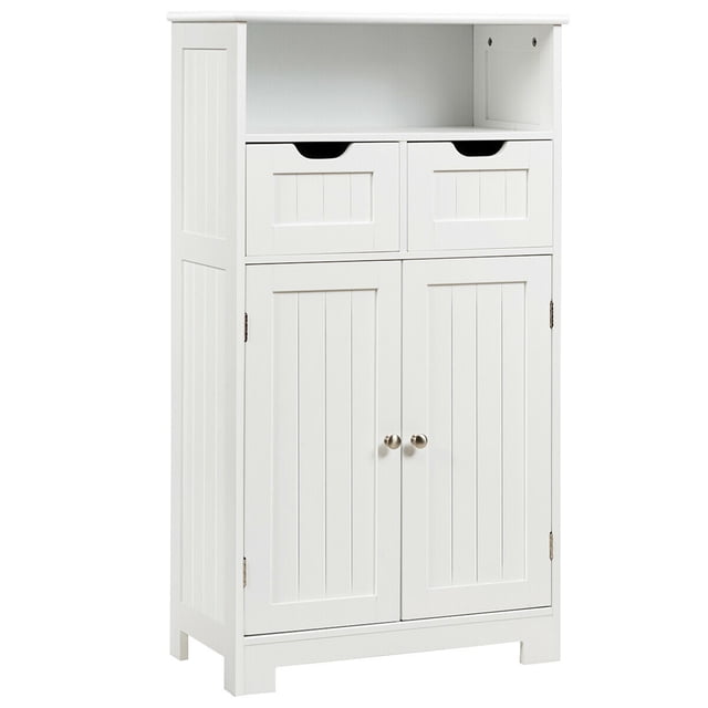 Costway Armario del baño con una repisa abierta 2 puertas y 2 cajones, despensa para cocina, mueble para salón baño habitación casa oficina, blanco