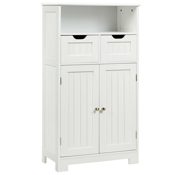 Costway Armario del baño con una repisa abierta 2 puertas y 2 cajones, despensa para cocina, mueble para salón baño habitación casa oficina, blanco