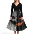 thumbnail image 4 of Women's Halloween Dress Candy Castle V Neck Cocktail 1950s Fall Dress Long Sleeve Hepburn Funny Casual Tea Length Dress with Belt 5XL, 4 of 5