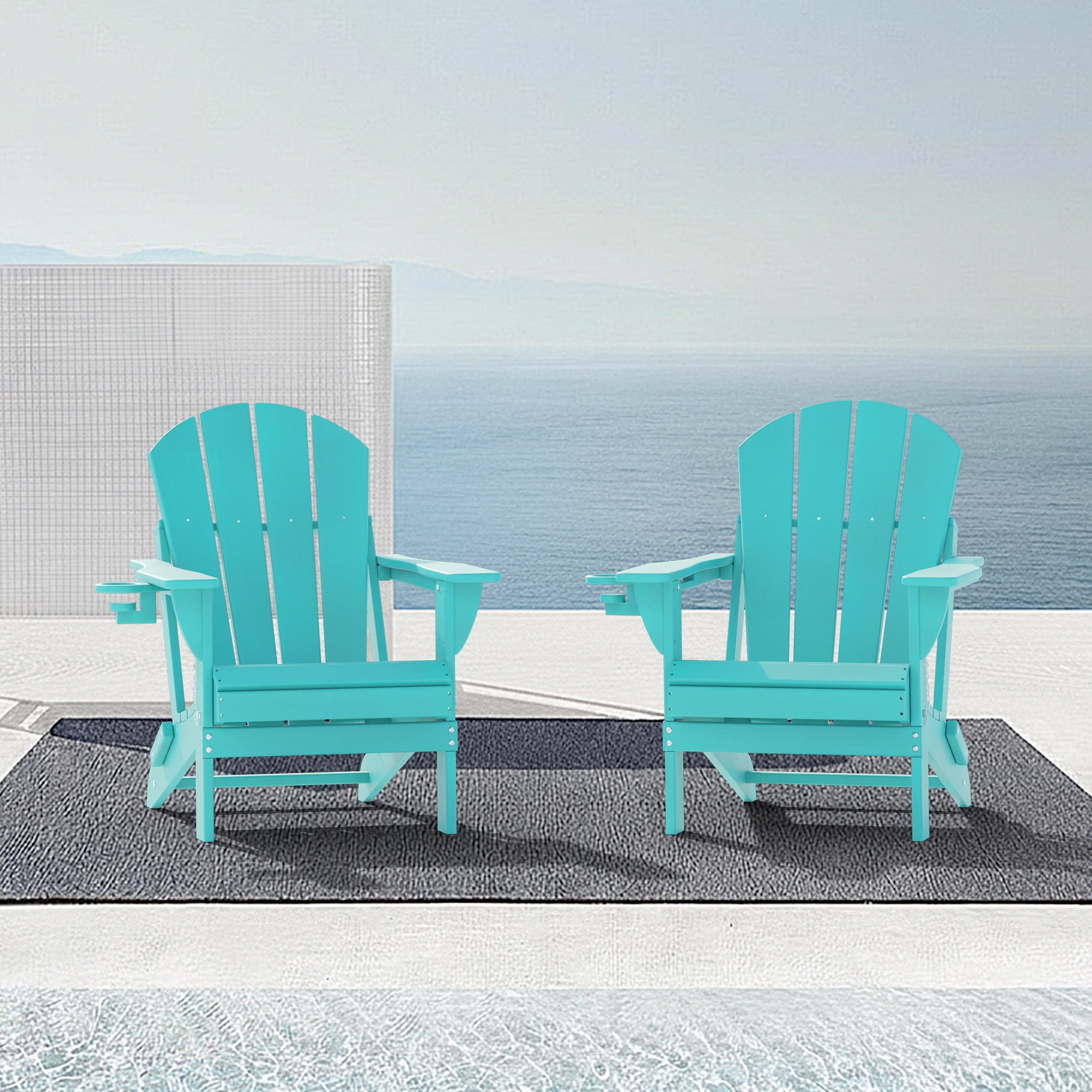 Folding Adirondack Chair Set of 2, HDPE All-Weather Outdoor Patio & Firepit Chair with Ergonomic Extended Backrest & Cup Holder, Low Maintenance, Aqua