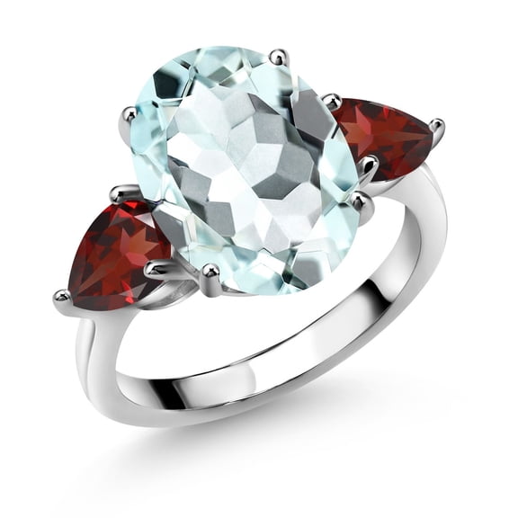 Gem Stone King 7.24 Cttw Sky Blue Simulated Aquamarine and Red Garnet 3-Stone Ring for Women | 925 Silver | 14X10MM Oval | 7X5MM Pear Shape | Wedding Engagement Anniversary Promise Ring | Size 5