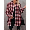 thumbnail image 2 of Camisa a cuadros para mujer, manga larga, cuello de solapa, camisa informal holgada con bolsillos en el pecho para uso diario, oficina, escuela, rojo, XXL, 2 of 6