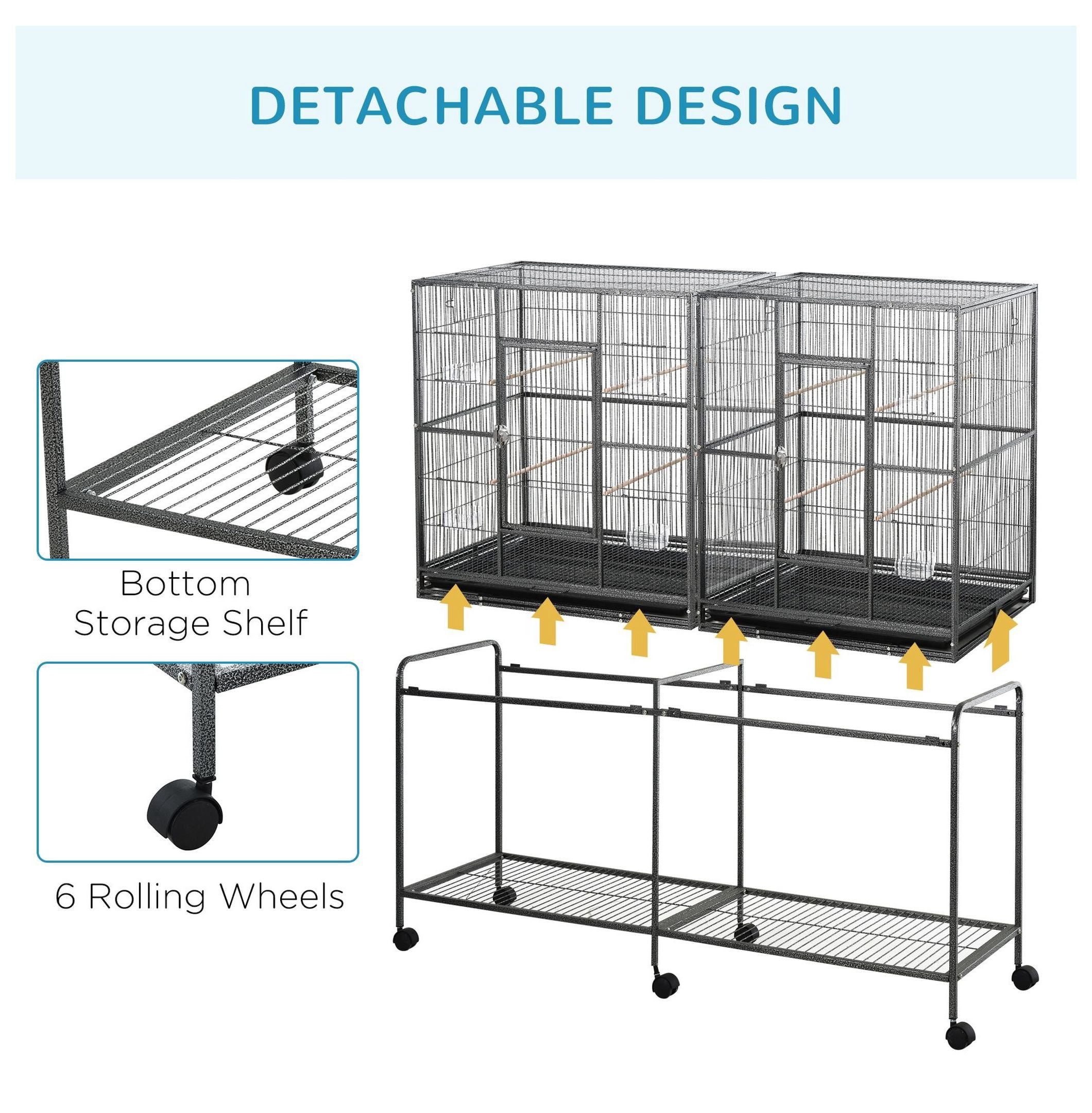65" Large Rolling Bird Cage, Metal Bird House with Stand - Indoor Parrot Cockatiel Bird Cages for Small Medium Birds, Detachable Cage w/Wheels