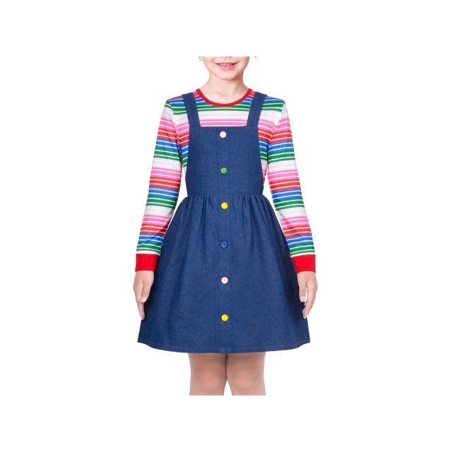 Girls Outfit Set 2 Piece Blue Suspender Denim Button Striped Tee 6 Years