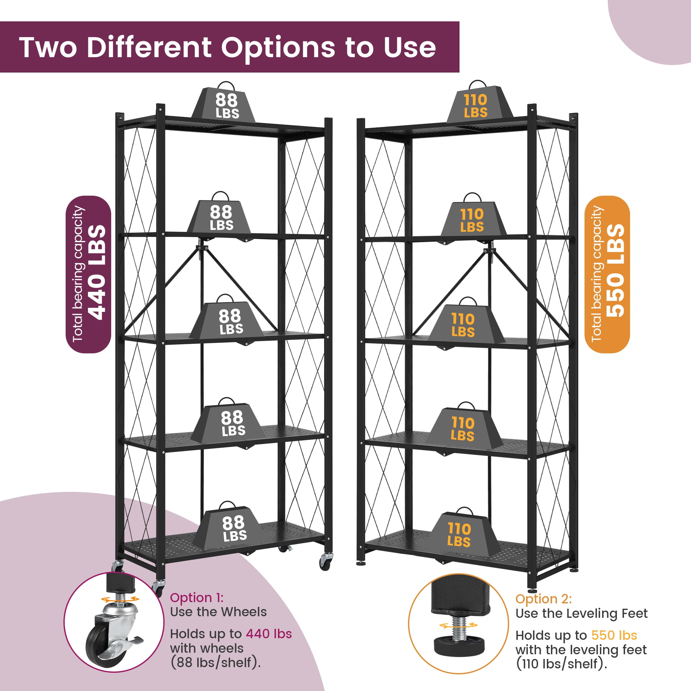 Nbcleanic 70.7" H 5-Tier Storage Shelves with Wheels, Black, 2 Pack