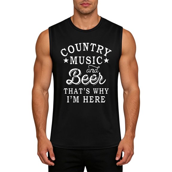 Venzia Men's Country Music And Beer That's Why I'm Here Sleeveless Tank Top Graphic Muscle Shirt