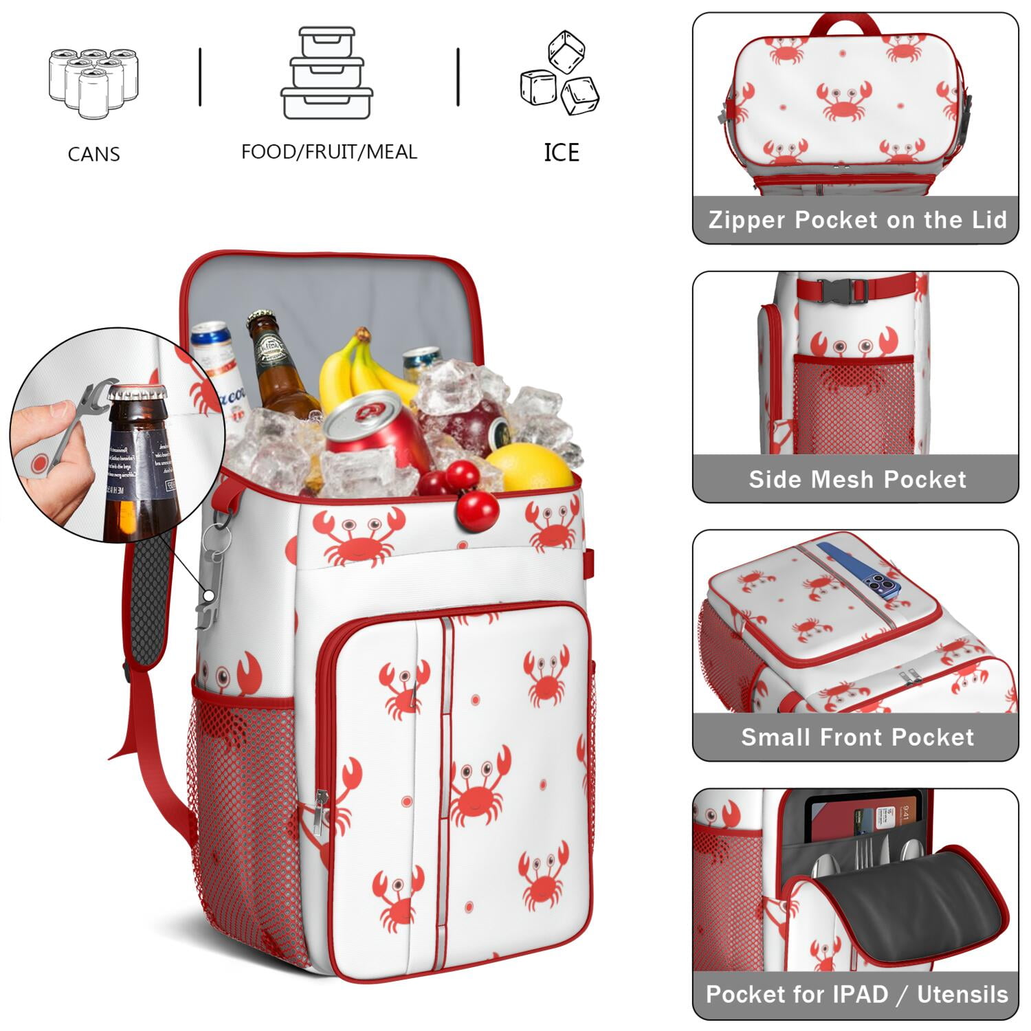 Marine Adorable Crab Cooler Backpack Insulated Waterproof Leak Proof Backpack Cooler Lightweight Lunch Picnic Camping Backpack Cooler for Men Women