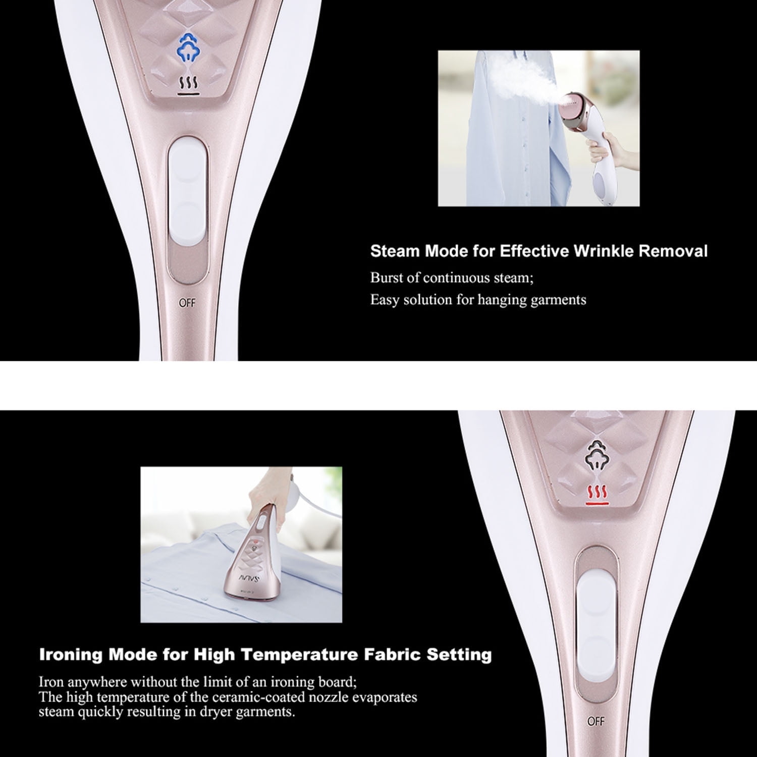 Duo Press Hand Held Steamer, All in One Steamer + Iron, Compact & Lightweight, 1150-Watt, SALAV HS-100, Rose Gold