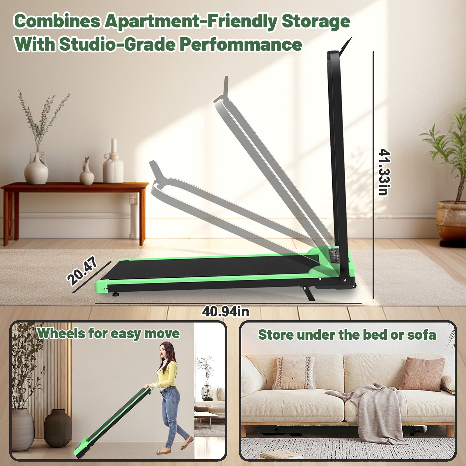 Foldable Treadmill With Handle Bar & Incline, 2 In 1 Upgrade Portable Under Desk Walking Pad And Vibration Pad With Remote Control For Home Office Small Spaces,Green