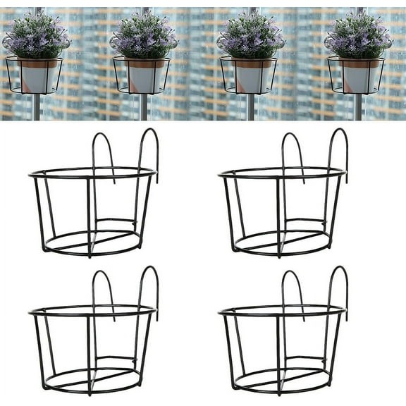 4Pcs Hanging Railing Planter, Flower Hangers for Porch Rail, Deck Railing Plant Hangers, NOGIS Balcony Planters Railing Hanging,Round Plant Baskets Metal Potted Mounted for Indoor Outdoor,Black