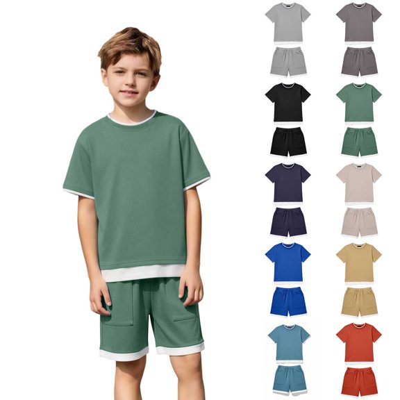 Boys Summer Outfits Short Sleeve Looes Top and Elastic Waist Shorts with Pockets Boys Back to School Clothes Boys 2 Piece Outfits Size 3-13 Years