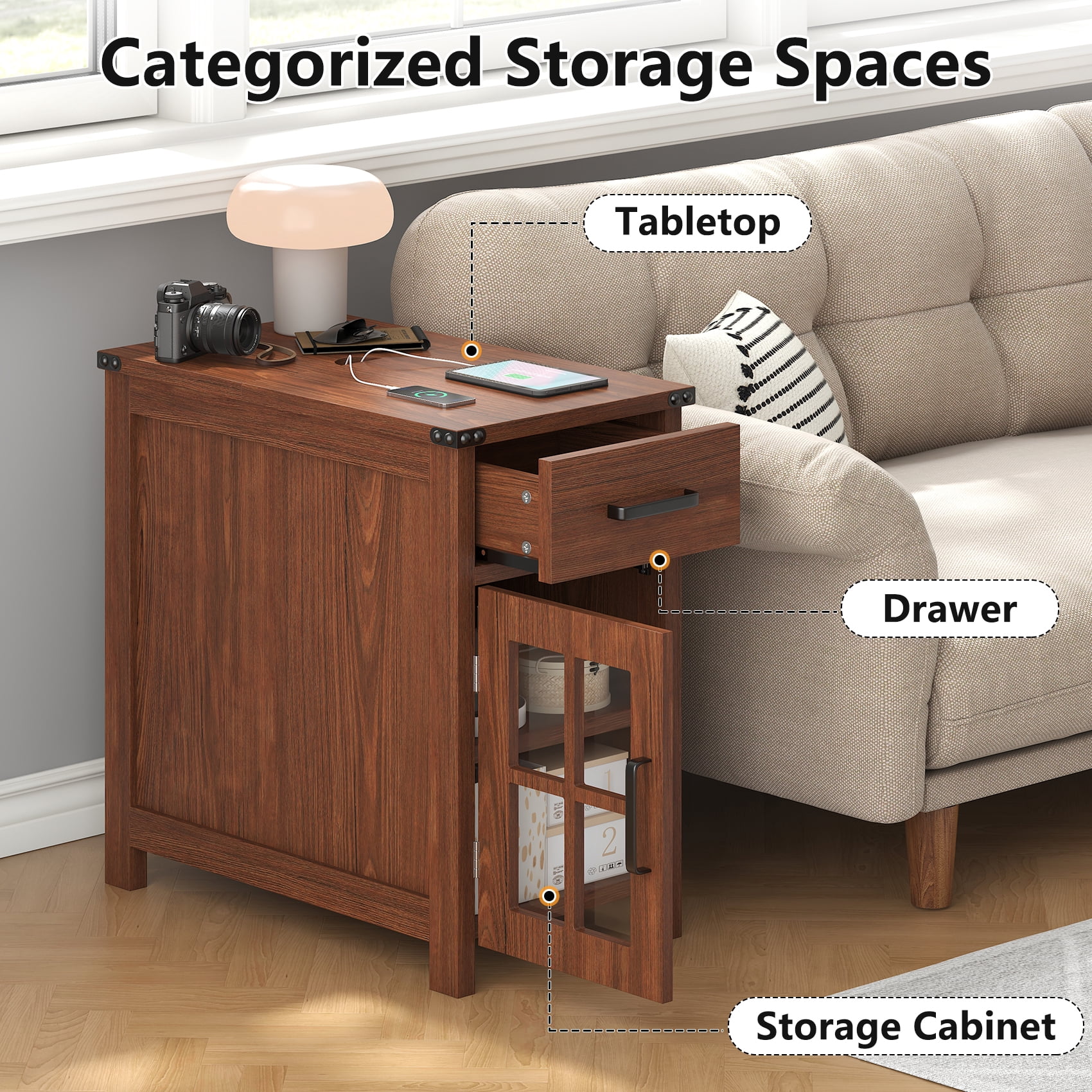 Winkalon Farmhouse End Table with Charging Station, Sofa Side Table with Drawer and Storage Cabinet, Small Nightstand for for Living Room, Bedroom