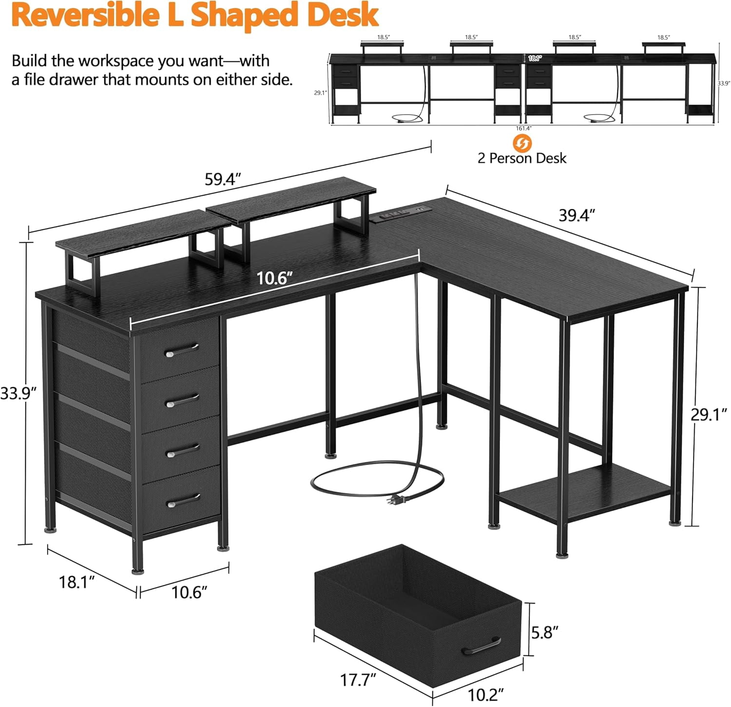 FeGeMax 59 inch L Shaped Computer Desk with Power Outlets, Home Office Desk with 4 Adjustable Storage Drawers & 2 Monitor Stands, Two Person Gaming Table for Bedroom, Black