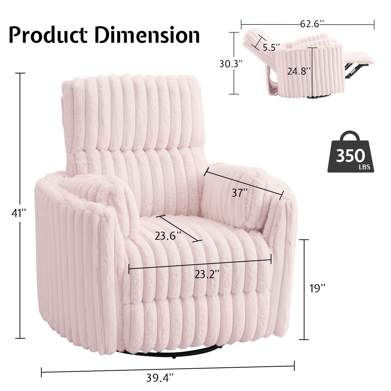 Papajet Power Recliner Nursery Chair for Adults, Electric Swivel Rocking Glider with USB & Type-C for Living Room, Bedroom, Light Pink