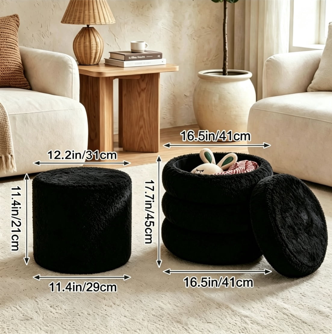 Round Ottoman 16.5 Inch, Storage Stool with Removable Lid for Living Room and Bedroom, Set of 2 Vanity Stools and Foot Rest, Black