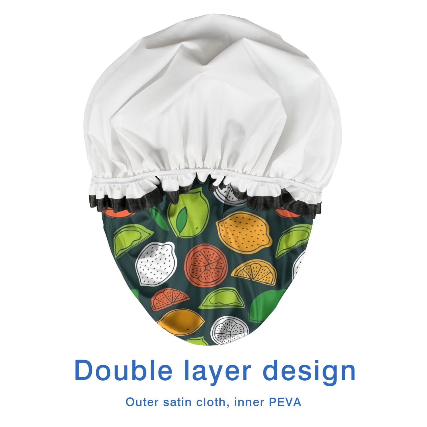 Shower Caps,Lemon Mixed Citrus Fruits DarkGreen Pattern Waterproof Shower Cap for Women 4 Pieces,Double Reusable Hair Cover for Shower PEVA Elastic Stretch Hem