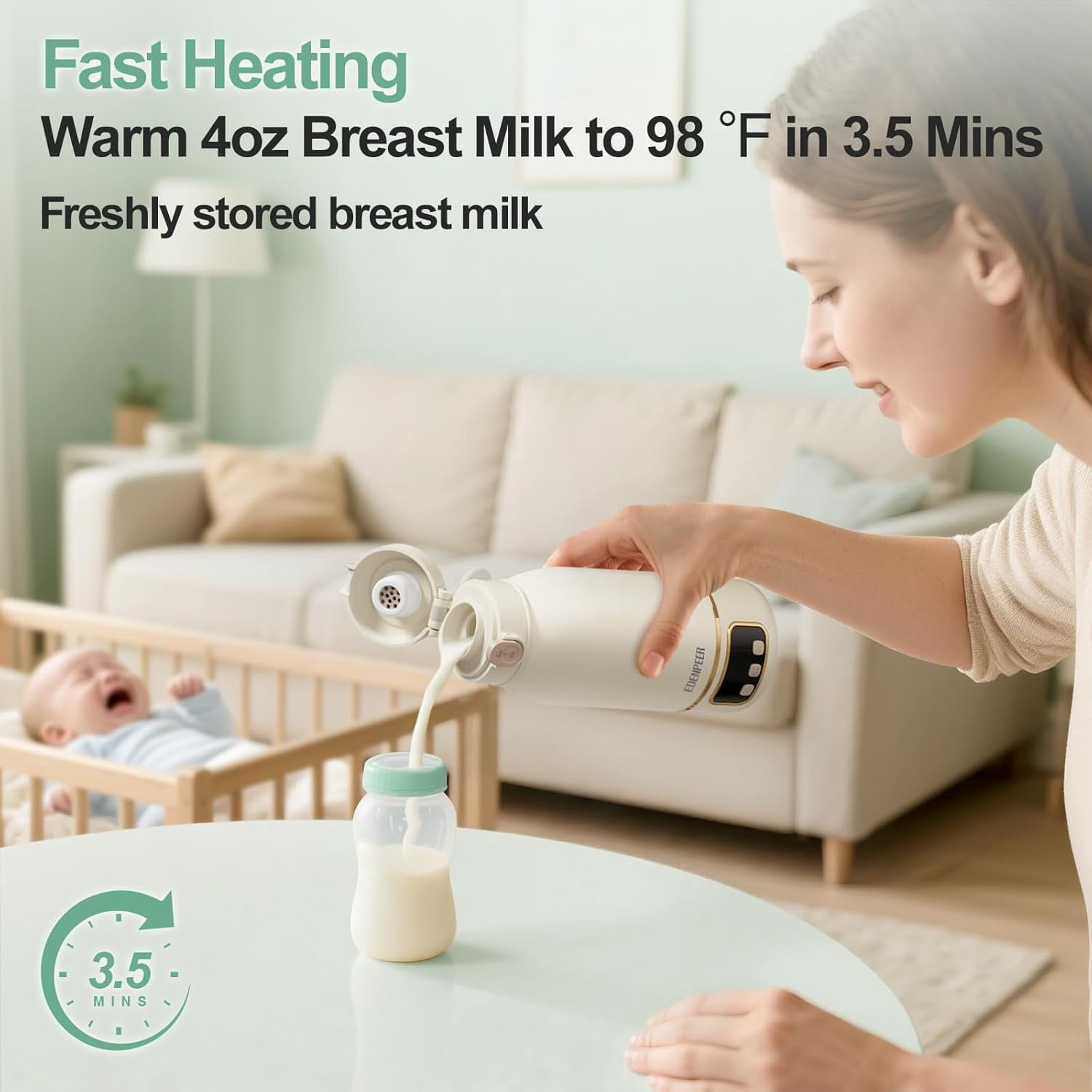 EDENPEER Portable Bottle Warmer for Travel ,Large 17.6oz Precise Temp Control for Breastmilk & Formula, Long Battery Life, USB Rechargeable Fast Heating Leak-Proof