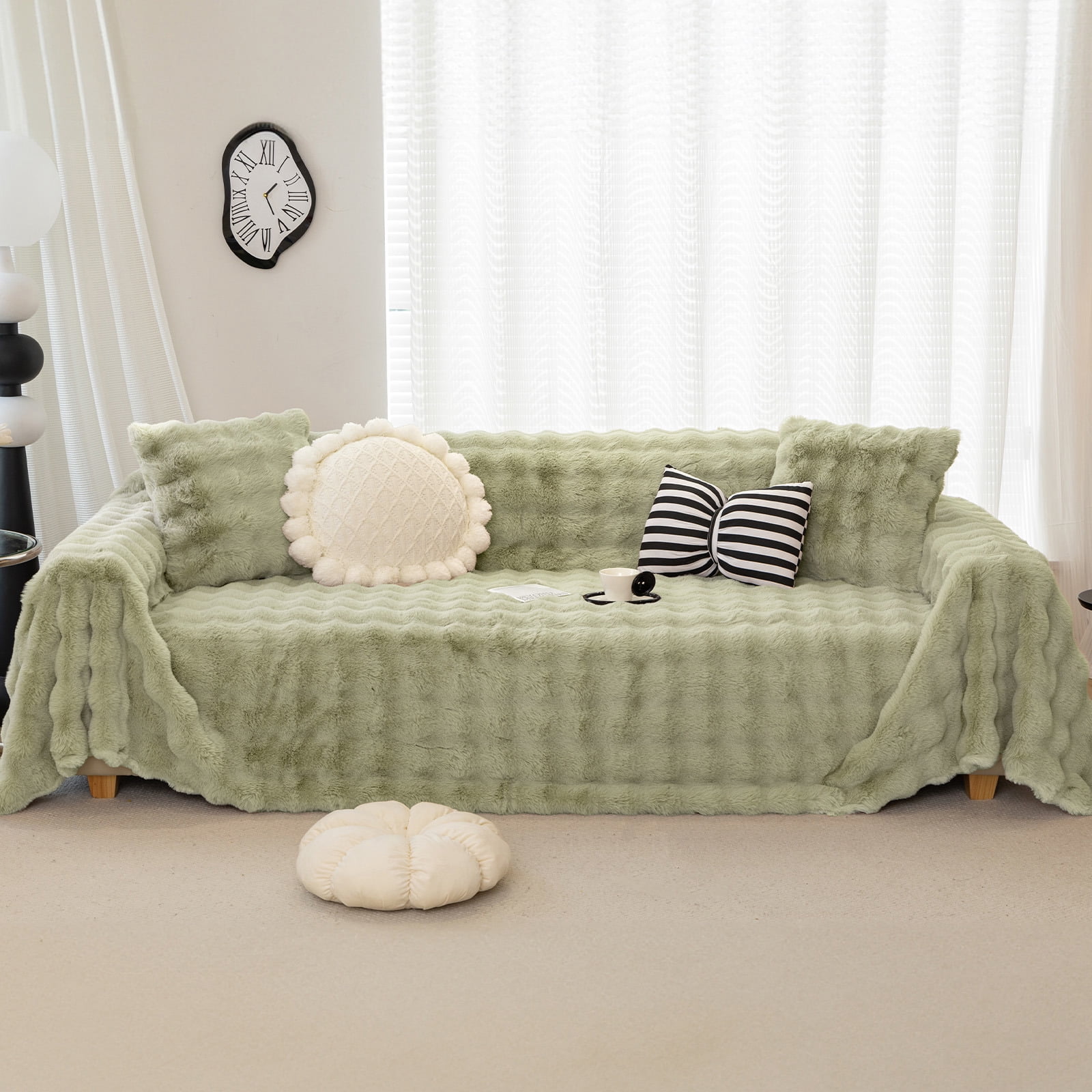 WOOW DEPOT Warm Faux Rabbit Fur Sofa Cover Machine Washable, Thick Throw Blanket L Shape Slipcover for 2 - 3 Cushion Couch, Green 71"x118"
