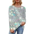 thumbnail image 5 of ClodeEU Womens Spring Summer Crew Neck Long Sleeve Floral Print Shimmer T-Shirt Top Silvery,Womens Plus XXXL, 5 of 8