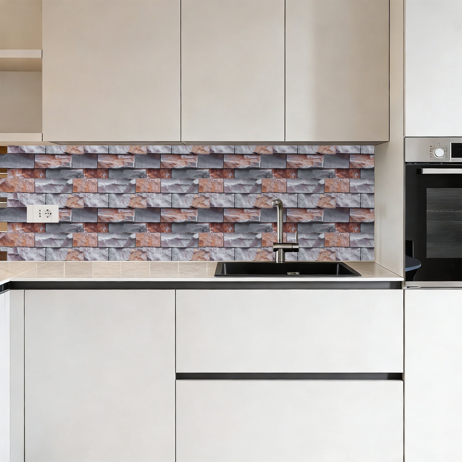 Uxcell 10Pcs Peel and Stick Backsplash Tiles 10.6" x 10.6" 3D Thickened Stone Texture Self-Adhesive Tile Stickers Wallpaper Wall for Kitchen Bathroom Bedroom, Grey Orange