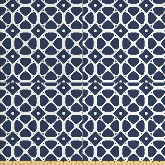 Ambesonne Vintage Fabric by the Yard Upholstery, Geometric Elements Tiling, 10 Yards, Dark Slate Blue and White