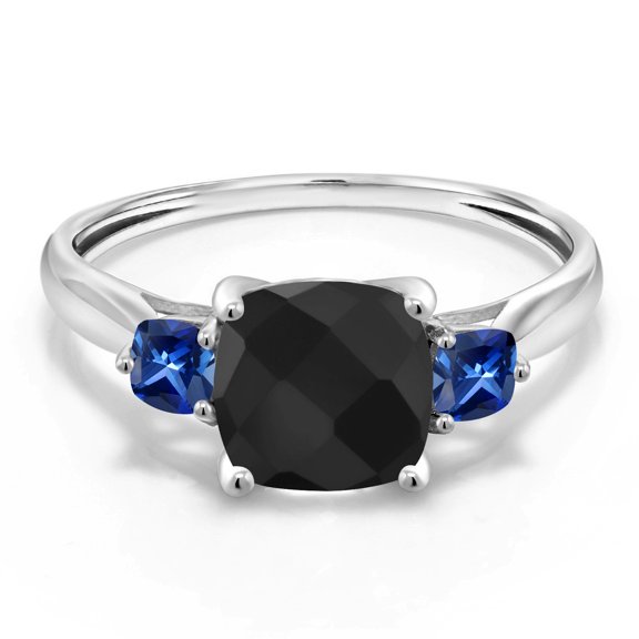 Gem Stone King 10K White Gold Black Onyx and Blue Created Sapphire 3 Stone Engagement Ring for Women (1.73 Cttw, Cushion Checkerboard 7MM, Gemstone December Birthstone, Size 6)