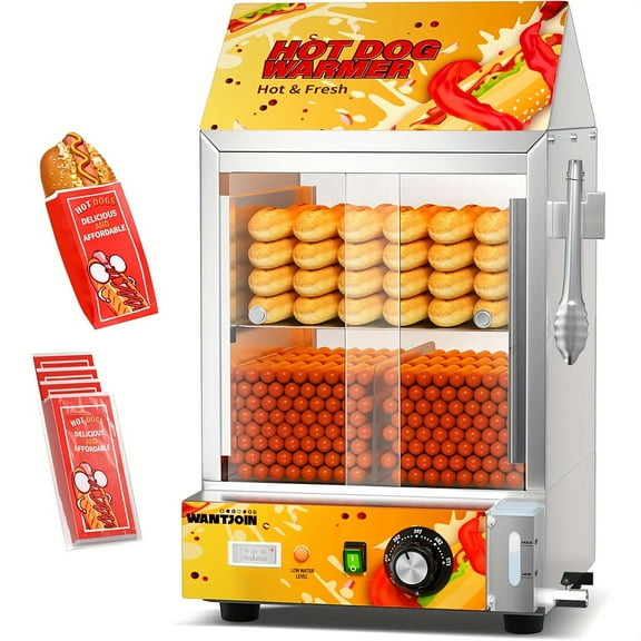 28.8QT Hot Dog Steamer - Visible Glass Sliding Door   Adjustable Temp | 175 Hot Dogs/40 Buns Capacity, Even Steaming & Easy Clean (Home/Commercial)