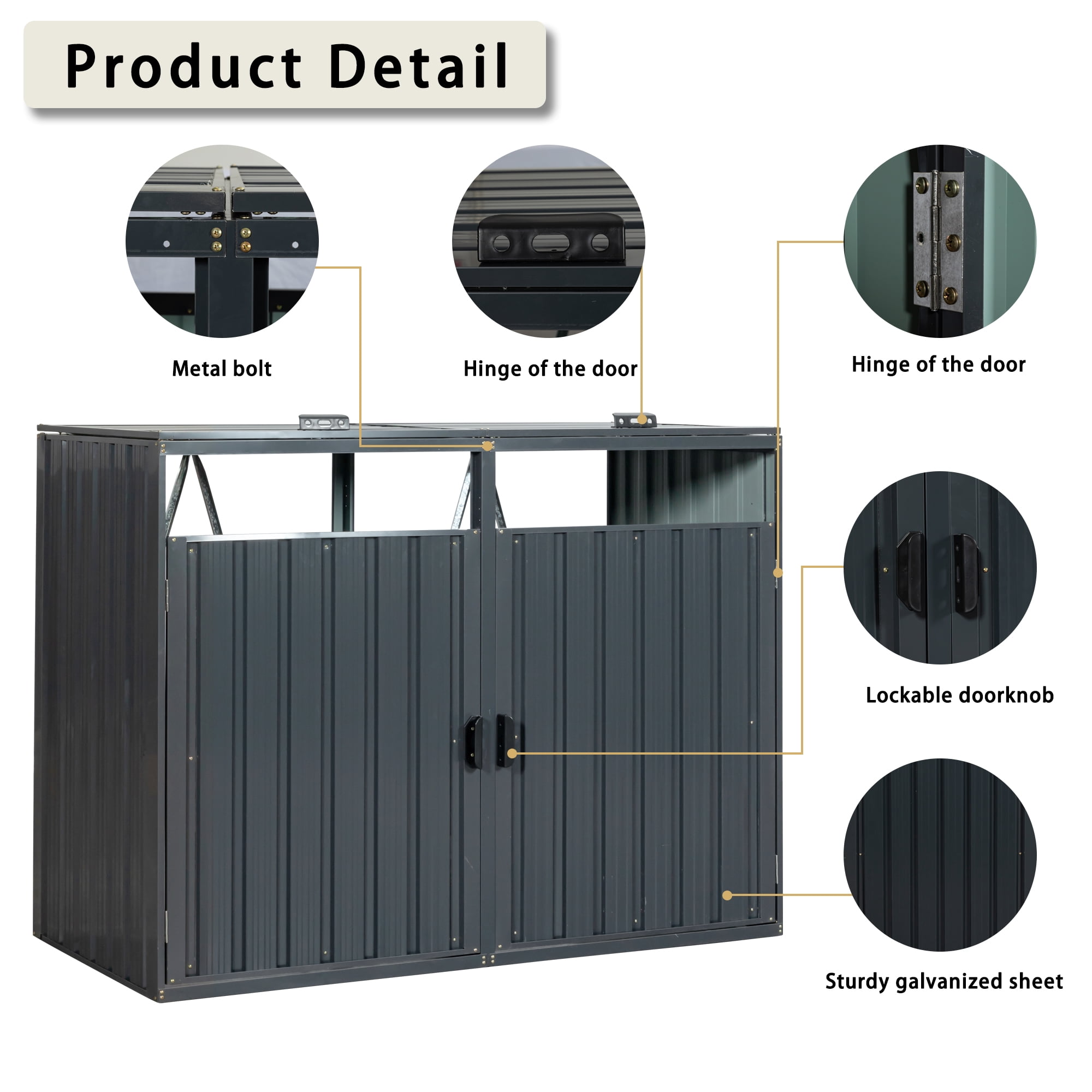 Outdoor Metal Garbage Bin Shed, Lockable Waterproof Storage Shed for 2 Trash Cans, Patio Waste Enclosure