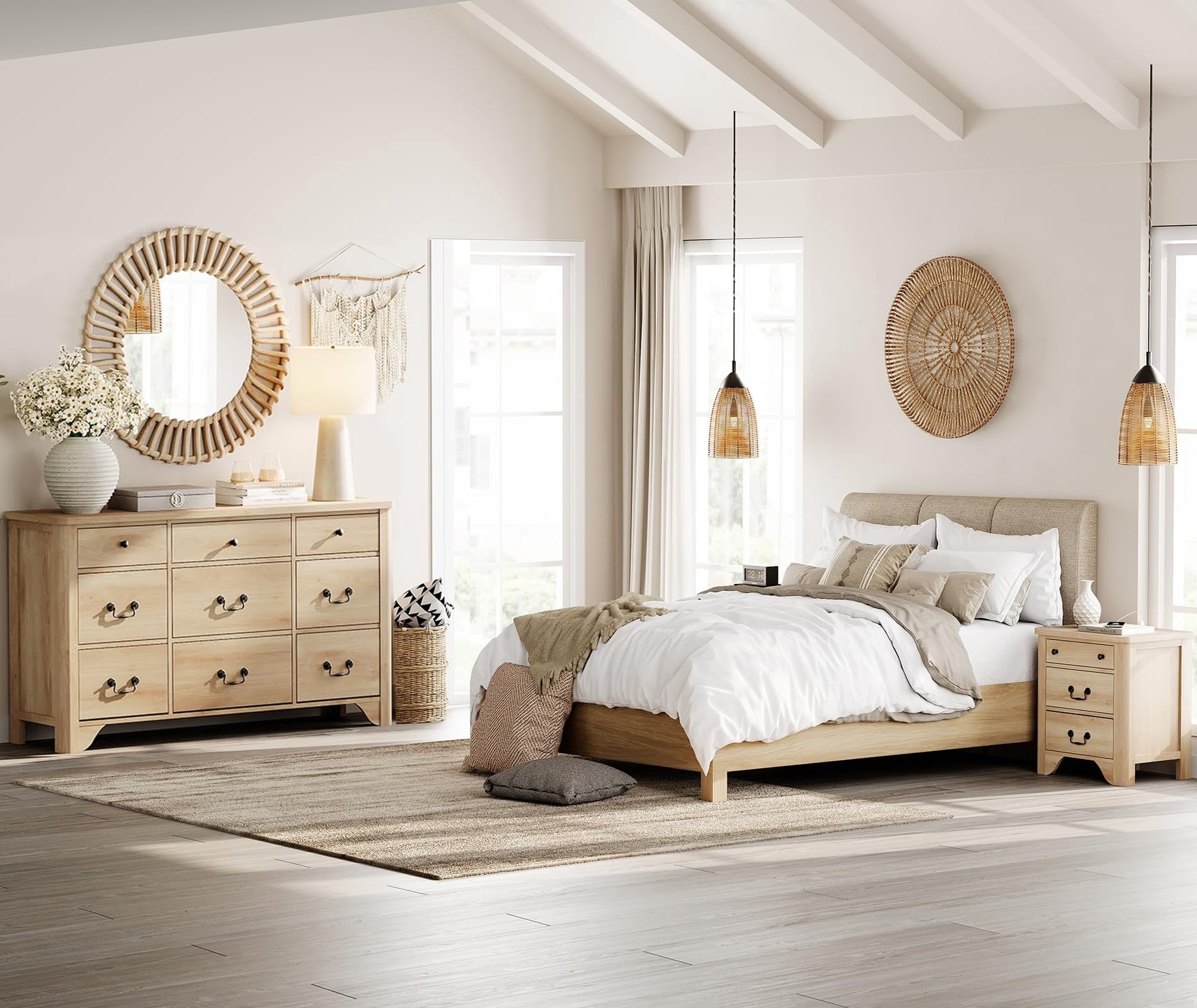 3PCS Farmhouse Dresser Set, 9-Drawer Dresser For Bedroom And Wood Nightstand Set Of 2 With Charging Station For Bedroom, Living Room, Hallway,Dining Room