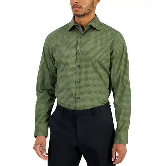 Bar III Dress Shirt Men's 14-14.5 32/33 Olive Green Slim-Fit Geo-Print Stretch