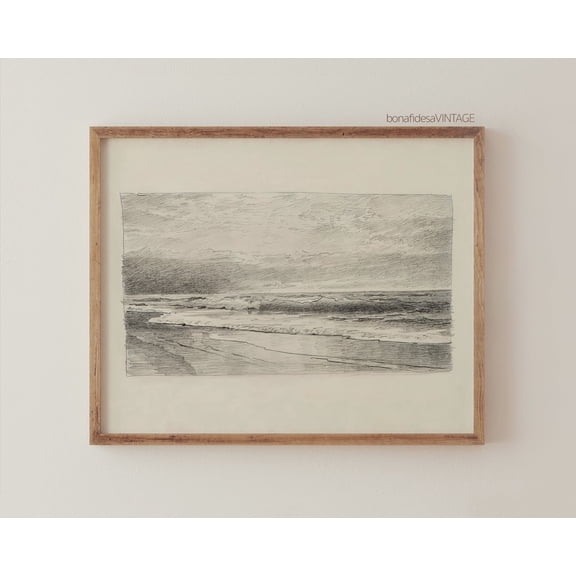 Vintage Seascape Drawing Charcoal Coastal Print Poster Beach Poster Wall Art Poster Warm Present Vintage Poster