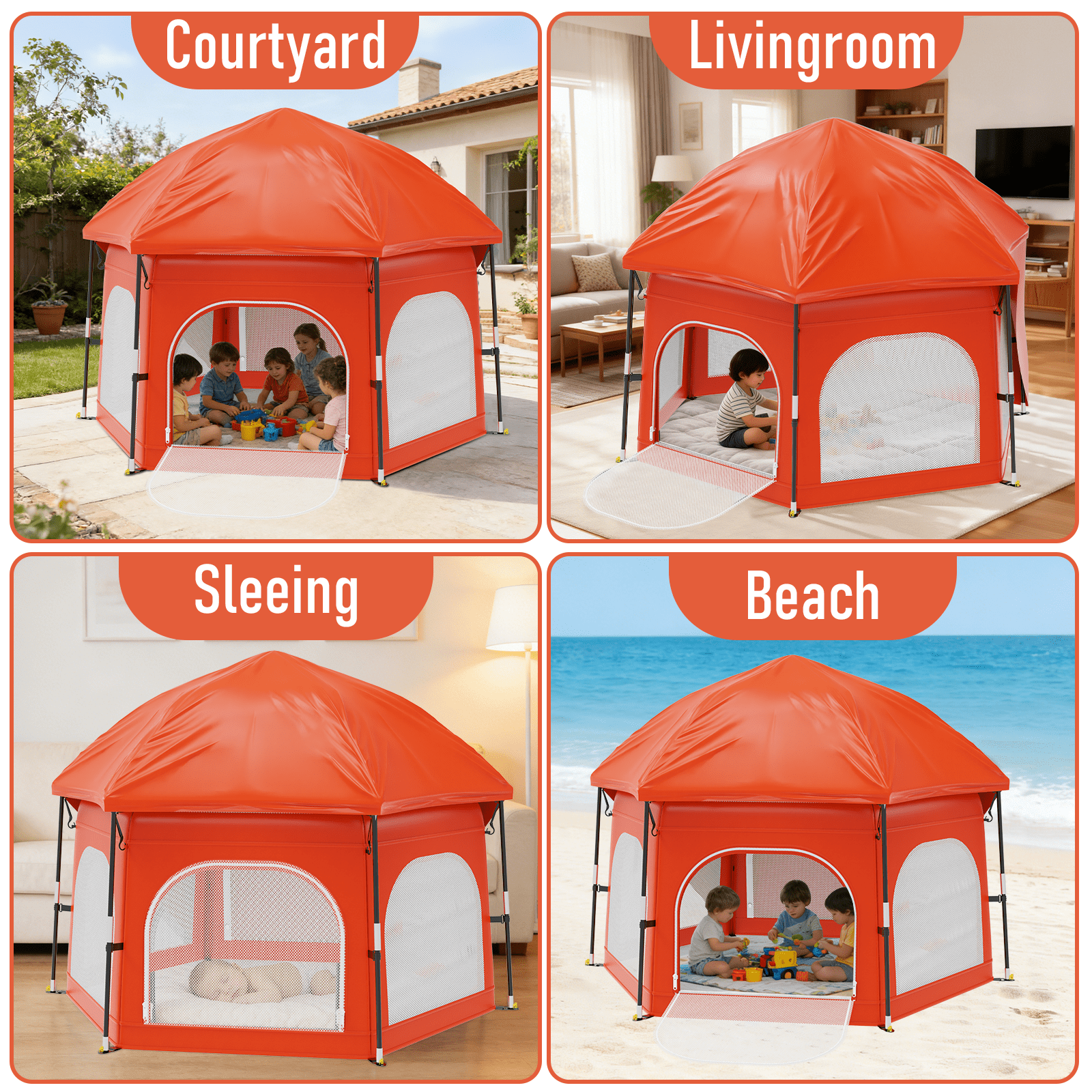 G TALECO GEAR Baby Playpen with Canopy - Instant Pop-Up Portable Play Yard for Infants & Toddlers, Light weight Foldable Indoor Outdoor Playpen Tent for Beach Camping Travel, Orange