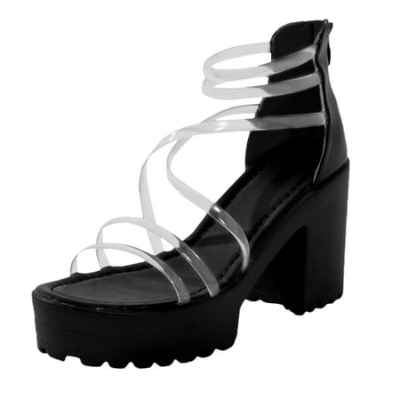 

TOYFUNNY Womens Chunky High Heel Transparent Strap Zipper Platform High Heel Sandals
