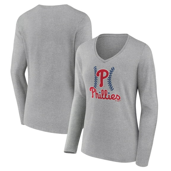 Women's Gray Philadelphia Phillies Fastball Long Sleeve V-Neck T-Shirt