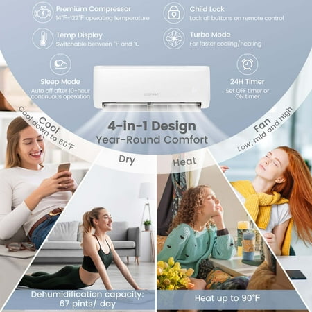 Costway 18,000 BTU Mini Split Air Conditioner AC Unit with Heat Pump & Remote Control - White