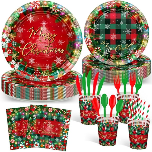 192 Pcs Christmas Paper Plates and Napkins Merry Chirstmas Party Tableware Decorations Plaid Christmas Tree Disposable Dinnerware Set Serve
