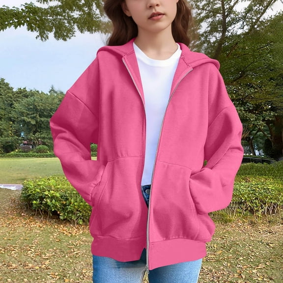 Elvqul with Pocket Sweatshirts for Teen Girls Cute Zipper Sweatshirts Pullovers Hot Pink Fall Girls Sweaters Long Sleeve