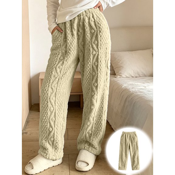 Harcomeey Fleece Pj Pants for Women Wide Leg Cable Knit Loungewear Winter Warm Plush Pajama Bottoms with Pockets