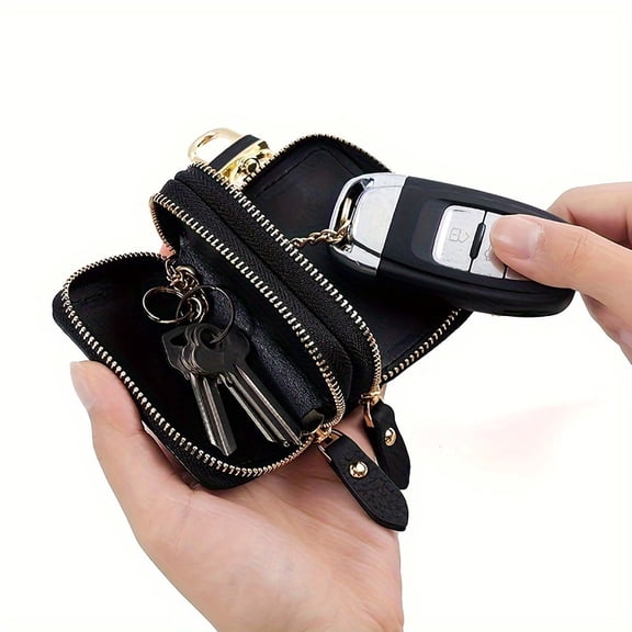 QIQUWOHUL Leather Car Key Holder Case Wallet Zip Bag Key Ring Double Layer Key Organiser Key Ring Cover Zip Key Case Bag Leather Key Holder